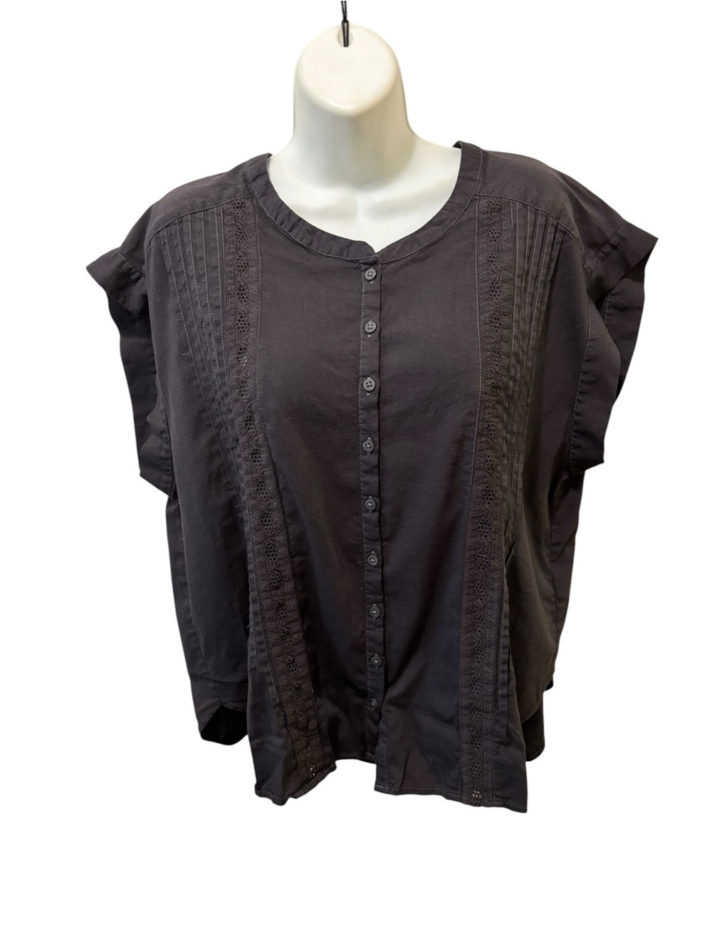 Splendid Boho Top Blouse XL Black Crochet Trim Cap Sleeve Flowy Summer Cotton